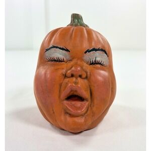 Vintage Yawning Glam Diva Pumpkin Head 5" Anthropomorphic Creepy Halloween Decor